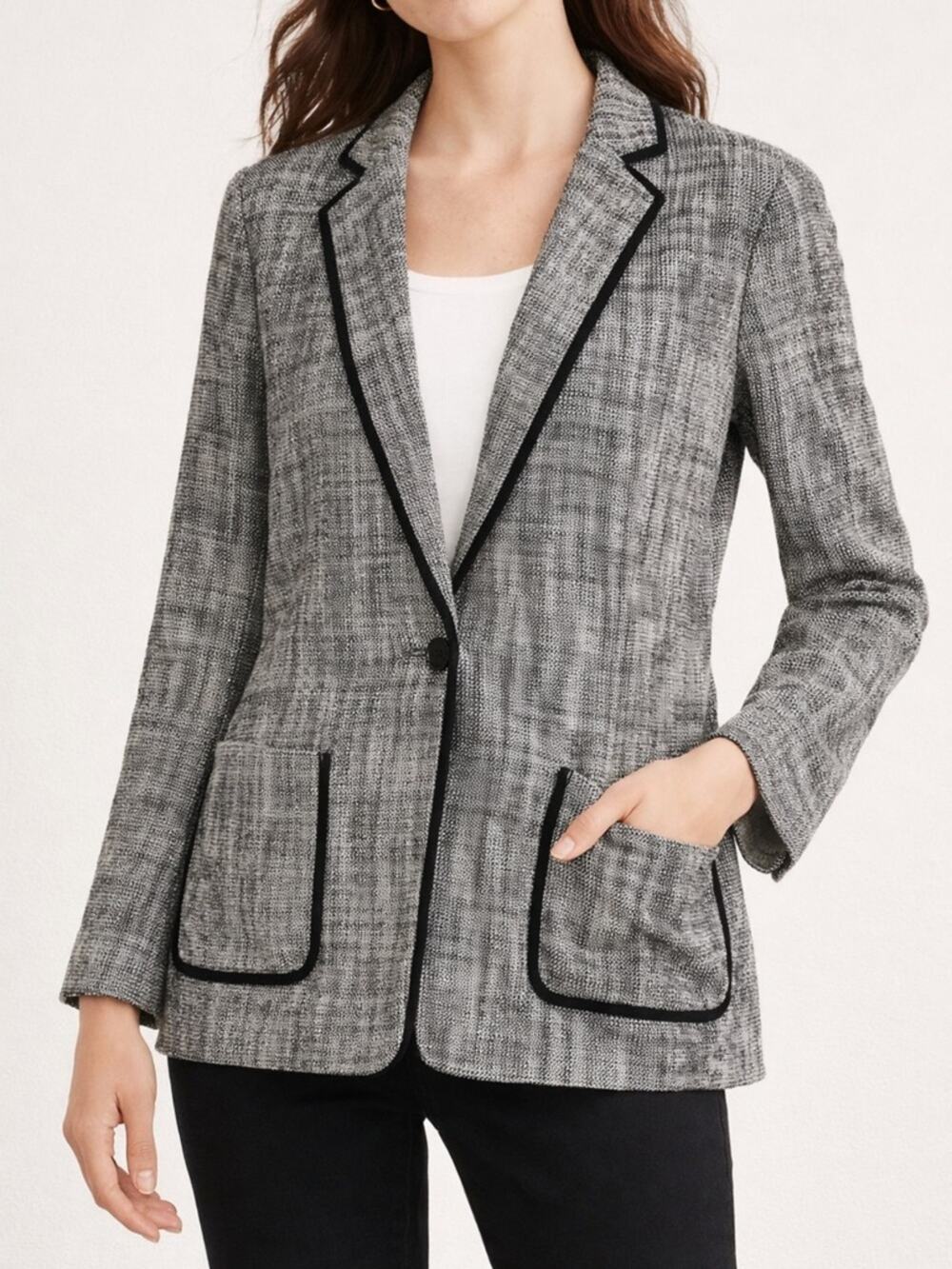 Cartonnier Anthropologie Tweed Blazer Jacket Black White Trim Size 8 Unlined